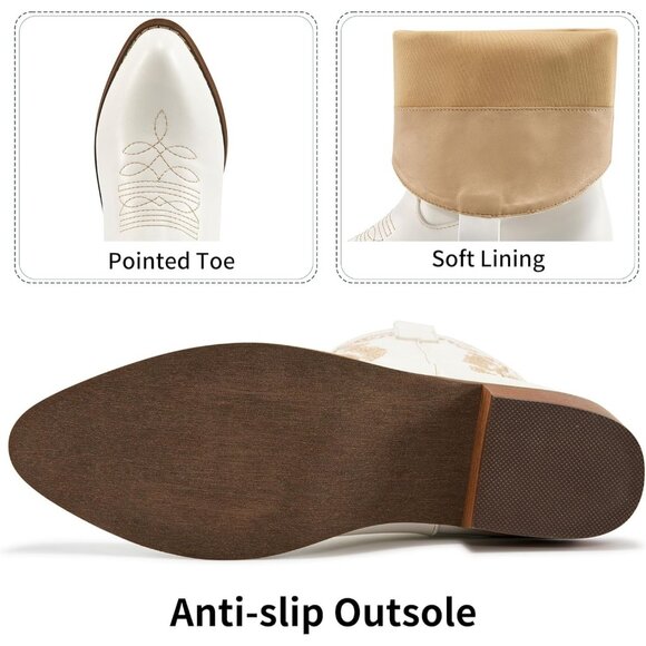 Women's Embroidered White Mid Calf Western Pointed Toe Low Chunky Heel Boot - Picture 6 of 7